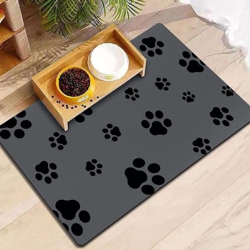 18"×30" Dog Food Mat-Absorbent Dog Mat for Food and Water, No Stains Quick Dry Cat Food Bowl Mat with Footprints for Messy Drinkers,Dark Grey - Image 1