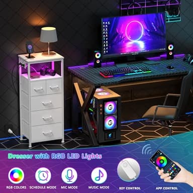 Furnulem Dresser for Bedroom, Tall Nightstand, Vertical Chest with Wood Top, Charging Station, LED Lights, 5 Fabric Bins, Bedside Table with Shelf, Furniture for Entryway (5 Drawer, White) - Image 6