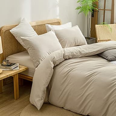 BESTOUCH Duvet Cover Set 100% Washed Cotton Linen Feel Super Soft Comfortable Chic Lightweight 3 PCs Home Bedding Set Solid Almond Milk Grey Queen - Image 2