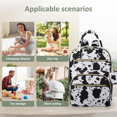 Pritent Diaper Bag Backpack,Baby Essentials Diapers Bag with Pacifier Case,Multipurpose Stylish Large Capacity Travel Backpack for Baby Girl/Boy(L-Cow Print) - Image 7