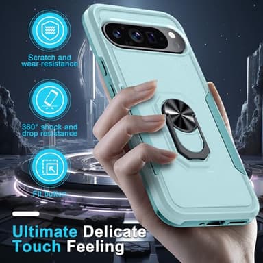 Janmitta for Google Pixel 9/9 Pro Case with Screen Protector+Camera Lens Protector,Heavy Duty Shockproof Full Body Phone Cover Built in Metal Ring Holder Kickstand,2024 Mint Green - Image 6