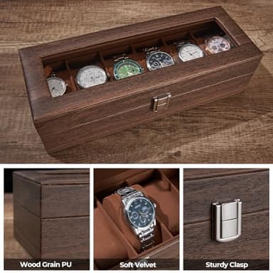 Ohuhu Watch Case Watch Organizer for Men PU Leather 6 Slot Watch Holder Real Glass Lid Jewelry Organizer Storage Soft Velvet Watch Display Case for Women Birthday Fathers Day Valentine's Day Gifts - Image 4