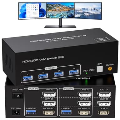 ATLAHET 8K HDMI 2 Displayport KVM Switch 3 Monitors 2 Computers DP 1.4 8K 60Hz 4K 120Hz Display Port for Two PC Share Triple Monitor and 4 USB 3.0 Peripherals Support Extended and Duplicate Mode - Image 1