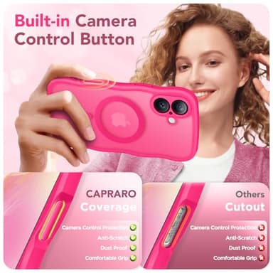 CAPRARO for iPhone 16 Case for Women Girls, Upgraded [Full Camera Protection] [Compatible with MagSafe] Cute Wave Translucent Matte Phone Case for iPhone 16, Hot Pink - Image 5