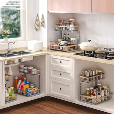 Liuoud Under Sink Organizer Storage 2 Pack, 2 Tier Slide Out Height Adjustable Pull Out Cabinet Organizer Drawer for Kitchen Bathroom Large Under Sink Shelf Rack Caddy for Pantry, Grey - Image 9