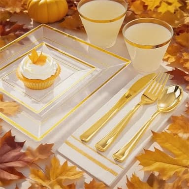 Festiva 350Pcs Clear Plastic Plates with Gold rim - Clear Gold Disposable Dinnerware for 50 Guests include 100 Square Plastic Plates 50Cups 50Cutlery 50Napkins Perfect for Thanksgiving Party&Wedding - Image 4