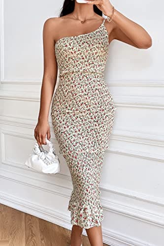 PRETTYGARDEN Women's Summer Midi Bodycon Dresses One Shoulder Strappy Tiered Ruffle Floral Boho Sun Dress (Beige Floral,Small) - Image 3