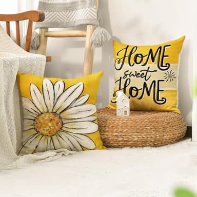 AVOIN colorlife Home Sweet Home Daisy Throw Pillow Covers, 18 x 18 Inch Spring Summer Flowers Hello Sunshine Cushion Case for Home Sofa Couch Set of 4 - Image 2