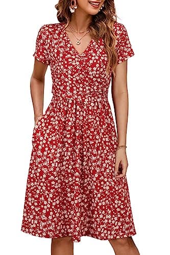 OUGES Women's 2025 Summer Short Sleeve V Neck Floral Midi Dress with Pockets Maternity Nursing Dresses Clothes(Floral F,L) - Image 1