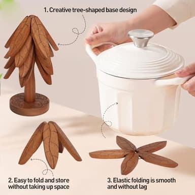 Wooden Tree Trivet Set,4 Wooden Trivets and 1 Stand,Trivets for Hot Pots and Pans, Foldable Kitchen Wooden Tree Coasters for Hot Bowl&Teapot,5 Gifts Set - Image 4