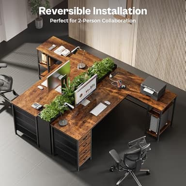 Huuger 63 Inch L Shaped Desk with Fabric Drawers, Computer Office Desk with Power Outlets and USB-C Port, Corner Desk with Storage Shelves, for Gaming Work Study Home Office, Reversible, Rustic Brown - Image 3