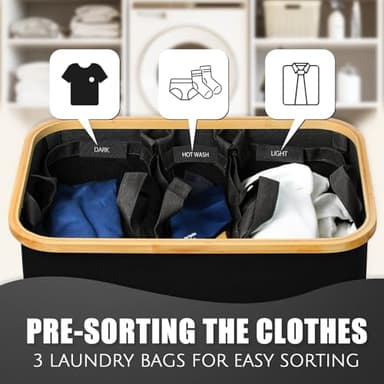 Hampers for Laundry Basket with Lid, 160L Extra Large 3 Section Clothes Divided Organizer for Bedroom, Laundry Room, Dirty Clothing Hamper, Black - Image 3