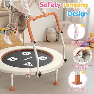 BCAN 36'' Toddler Trampoline, ASTM Certified-Foldable Mini Trampolines for Kids Ages 1-6, Adjustable Handle, Safety Pad & Foldable Legs, Baby Trampoline Indoor/Garden, Gift for Boy and Girl, Beige - Image 2
