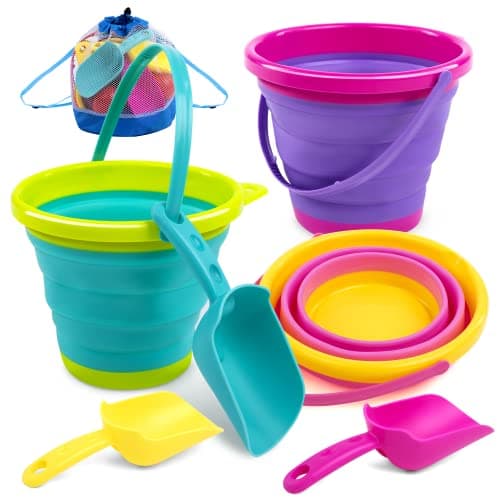 JOYIN Foldable Beach Bucket Set - 3 Packs Collapsible Toy Buckets with Shovels and Mesh Backpack for Kids Toddlers Party, Camping Gear, Travelling, Fishing Water Pail (Pink/Purple/Green) - Image 1