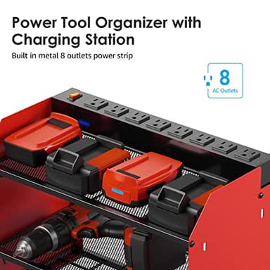 CCCEI Modular Power Tool Organizer Wall Mount with Charging Station. Garage 4 Drill Storage Shelf with Hooks, Screwdriver, Drill Bit Heavy Duty Rack, Tool Battery Holder Built in 8 Outlet Power Strip. - Image 2