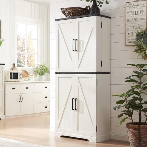 ACCOHOHO 72" Tall Kitchen Pantry, Farmhouse Storage Cabinet with Barn Doors, Organizer, Drawer and Adjustable Shelves, Rustic Wood Cupboard for Kitchen, Dining Room, Bathroom, Off White - Image 1