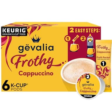 Gevalia Frothy 2-Step Artificially Flavored Cappuccino Espresso Style K‐Cup Coffee Pods & Froth Packets Kit, 6 ct. Box - Image 1