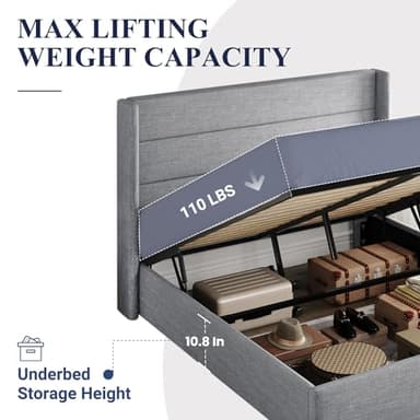 Allewie Queen Size Lift Up Storage Bed, Modern Wingback Headboard, Hydraulic Support, No Box Spring Needed, Light Grey - Image 5