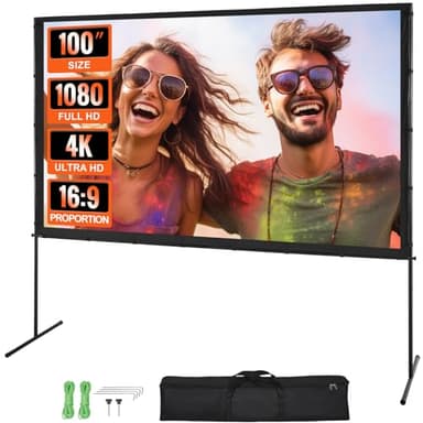 VEVOR Projector Screen with Stand, 100 inch 16:9 4K 1080 HD Outdoor Movie Screen with Stand, Wrinkle-Free Projection Screen with Bar Feet and Carry Bag, for Home Theater Cinema Backyard Movie Night - Image 1