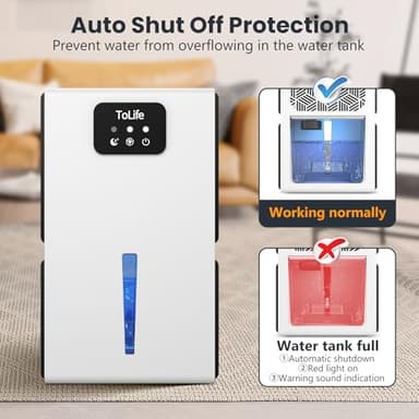 ToLife Dehumidifiers for Home 95 OZ Water Tank with Auto-Off 1000 sq.ft Sleep Mode Portable Dehumidifier for Basement Bathroom Home RV Closet Room 7 Colors LED Light, White - Image 6