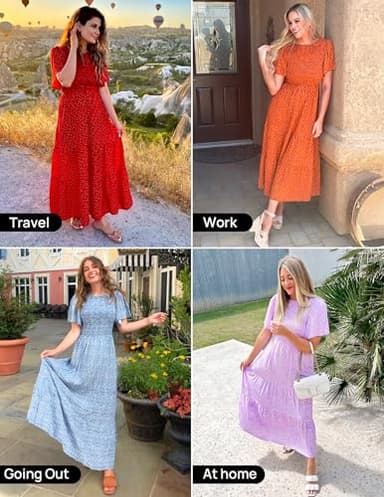 ZESICA Women's 2024 Summer Casual Floral Print Short Flutter Sleeve Crew Neck Smocked High Waist Flowy Maxi Dress,GreyGreen,Medium - Image 5