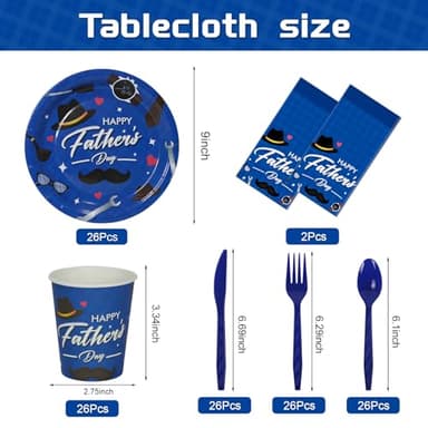 Childom Fathers Day Decorations for Party,132 Pcs Disposable Fathers Day Plates Tablecloth Cups Knives Spoons Forks for Party Supplies,Plates Tableware for Dads Birthday,Home,Brunch,Dinner,Serves 26 - Image 2