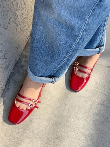 Coutgo Womens Mary Jane Chunky Low Heels Slingback Pumps Closed Square Toe Wedding Dress Shoes, Red, Size 7.5 - Image 3