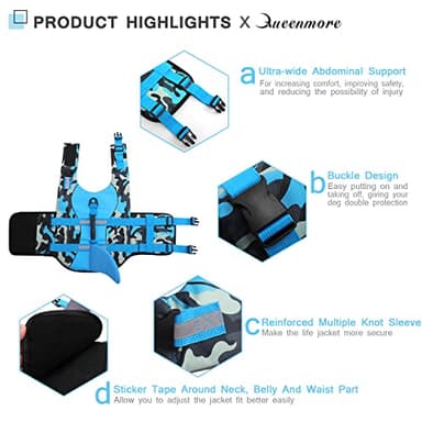 Queenmore Dog Life Jacket Ripstop Dog Shark Safety Vest Adjustable Preserver with High Buoyancy and Durable Rescue Handle for Small,Medium,Large Dogs, Blue Camouflage Small - Image 4