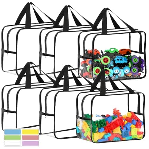 6 Packs Widen X-Large Toy Storage Bags 12.6×9.25×6.9In with Labels, Reusable Clear PVC Board Game Storage, Travel Waterproof Organizer Bags with Zipper for Building Blocks, Puzzle, Stuffed Animals - Image 1