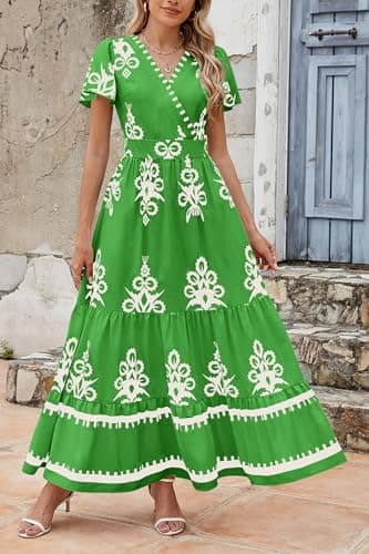 PRETTYGARDEN Womens 2025 Summer Casual V Neck Boho Maxi Dress Flowy Aline Bell Sleeve Tiered Floral Dresses with Pocket (Floral Green White,Small) - Image 6