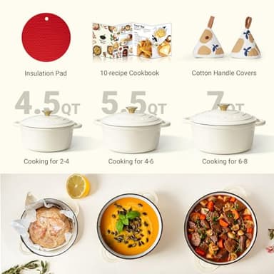 Overmont Enameled Cast Iron Dutch Oven - 7QT Pot with Lid Cookbook & Cotton Potholders - Heavy-Duty Cookware for Braising, Stews, Roasting, Bread Baking Cream White - Image 7