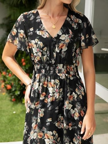 Simplee Womens Floral Maxi Dress - Short Sleeve Summer Boho Wedding Guest Dress Empire Waist Chiffon Modest Midi Dresses Black,XL - Image 7