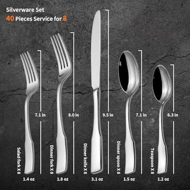 Alata Kate 40-Piece Silverware Set,Service for 8,Stainless Steel Flatware Set,Mirror Polished Cutlery Set,Dishwasher Safe - Image 5