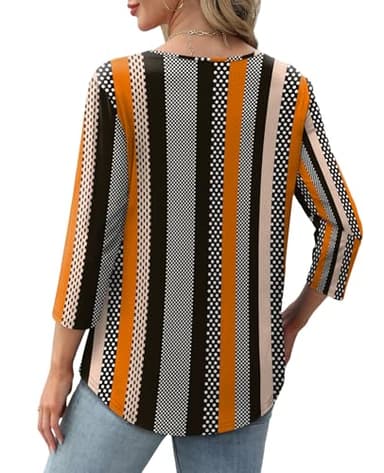 XIEERDUO 3/4 Length Sleeve Womens Tops Summer Pleated Business Casual Outfits Work Blouse Shirts for Women Clothing Fall Fashion Clothing Outfits Beach Vacation Essentials Clothes F-Striped Dots S - Image 4