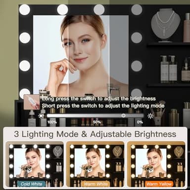 Quimoo Makeup Vanity Desk with Mirror & Lights, Vanity Desk with 5 Drawers & Storage Shelves, Vanity Table, 3 Color Modes & Adjustable Brightness Dressing Table, Bedroom, Black - Image 4