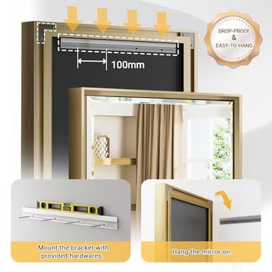 QueenFun Gold Bathroom Mirror, 24x32 Brushed Gold Bathroom Mirror Beveled Edge, Gold Framed Rectangle Bathroom Vanity Mirror, Anti-Rust Brushed Brass Metal Frame Wall Mirror Vertical/Horizontal - Image 5