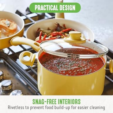 GreenLife 16 Piece Nonstick Cookware Set, Soft Grip Non-Toxic PFAS-Free Ceramic Pots & Pans, Dishwasher & Oven Safe, Frying, Sauce, Saute, Utensils, Glass Lids, Stay-Cool Handles, Wobble Free, Yellow - Image 9