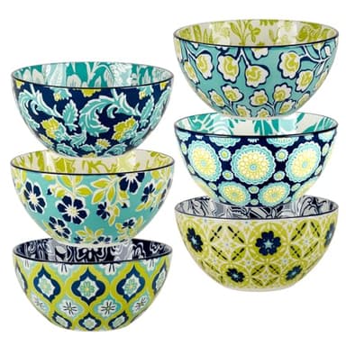 Tapestry 6.25" Porcelain Bowls, 30 oz. Set of 6 – Assorted Vibrant Floral & Patterned Designs in Aqua, Navy & Yellow – Versatile for Soup, Pasta, Salad, Snacks, Rice, or Serving Dishes - Image 2