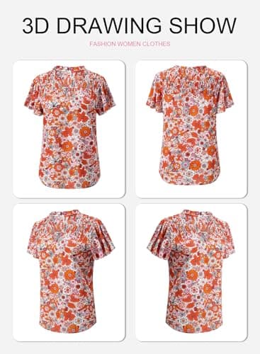 SHEWIN Summer Tops for Women Trendy Fashion Floral Petal Sleeve Loose Fit Blouses for Women Dressy Casual Orange X-Large - Image 4