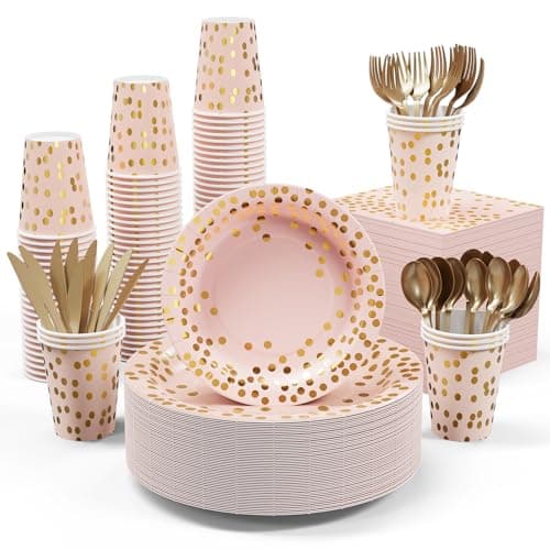 Pink and Gold Party Supplies - 350 PCS Disposable Dinnerware Set - Pink Paper Plates Napkins Cups, Gold Plastic Forks Knives Spoon for Graduation, Birthday, Cocktail Party - Image 1