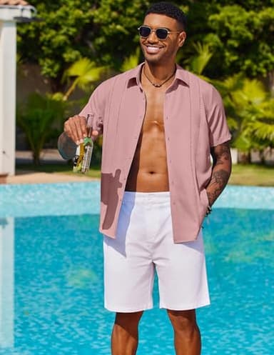 COOFANDY Guayabera Shirts for Men Short Sleeve Button Down Shirts Summer Beach Wear Dusty Pink - Image 2