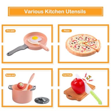 150Pcs Kitchen Playset, Toddlers Pretend Cooking Cookware Accessories, Food, Picnic Blanket, Fruits, Veges, 2Pack Shopping Storage Basket, Dessert and Prop Money, Gift for Kids (Pink) - Image 4