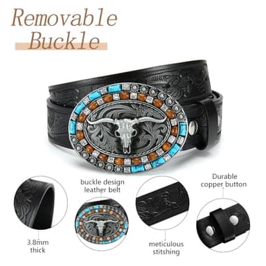 DOOPAI Men's Western Cowboy Belt –2 pack Longhorn Bull Pattern Buckle with Printed Engraving, Adjustable Strap, Fits Jeans - Image 2