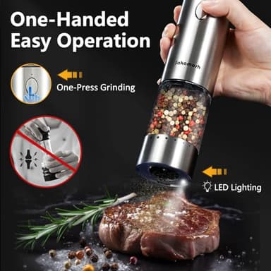 SAKAMOSH Electric Salt and Pepper Grinder Set Rechargeable, Auto One-handed Operation Pepper Mill with LED Light, EXT. Coarseness Adjustment, 2-Speed Control, Stainless Steel Salt Shakers (2 Pack) - Image 2