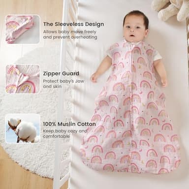 PHF 100% Muslin Cotton Baby Sleep Sacks, 12-18 Months Sleep Sack with 2-Way Zipper, 2 Pack Cooling 0.5 TOG Breathable Large Size Sleeveless Baby Wearable Blanket for Baby Girl, Rainbow - Image 2