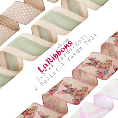 LaRibbons Easter Ribbon Wired 4 Rolls 2.5 Inch x 24 Yards TTL, Floral and Bunny Easter Ribbon with Plaid and Polka Dot for Crafts Spring Wreath Gift Wrapping Bow Decoration - Image 5