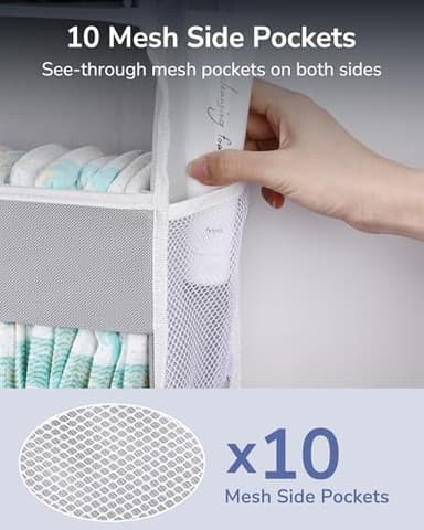 ULG 1 Pack Over Door Organizer with 5 Large Pockets 10 Mesh Side Pockets, 44 lbs Weight Capacity Hanging Storage Organizer with Clear Window for Kids Toys, Shoes, Diapers, Grey, 5 Layer - Image 3