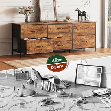 Huuger Dresser for Bedroom, 63 Inch TV Stand for 55, 65, 70 Inch TV, Long Fabric Dresser with 7 Drawers, Chest of Drawers for Storage, Closet, Clothing, Rustic Brown - Image 7