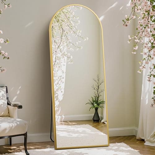 DUMOS Arched Full Length Mirror with Stand 64"x21" Floor Standing Aluminum Frame for Bedroom Body Hanging Leaning Modern Simple Home Decor Shatter-proorf Nano Glass Wall Living Room Cloakroom Gold - Image 1