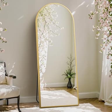 DUMOS Arched Full Length Mirror with Stand 64"x21" Floor Standing Aluminum Frame for Bedroom Body Hanging Leaning Modern Simple Home Decor Shatter-proorf Nano Glass Wall Living Room Cloakroom Gold - Image 1